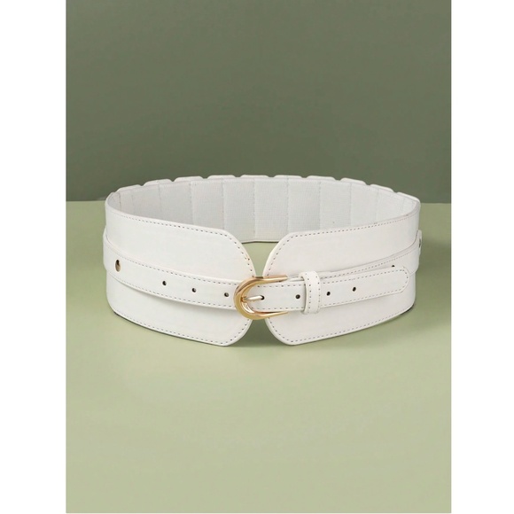 PU Wide White Belt Gold Tone Buckle - Picture 2 of 5